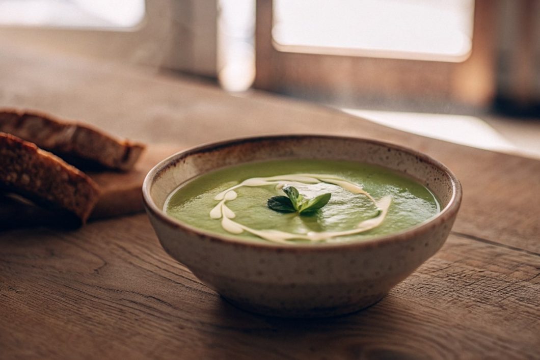 Creamy pea and mint soup served with crusty bread