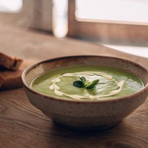 Creamy pea and mint soup served with crusty bread