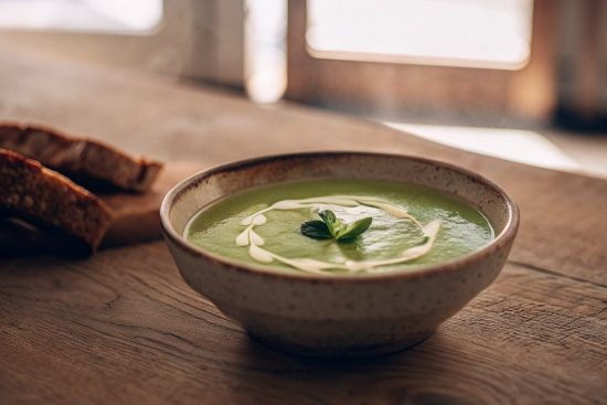 Creamy pea and mint soup served with crusty bread