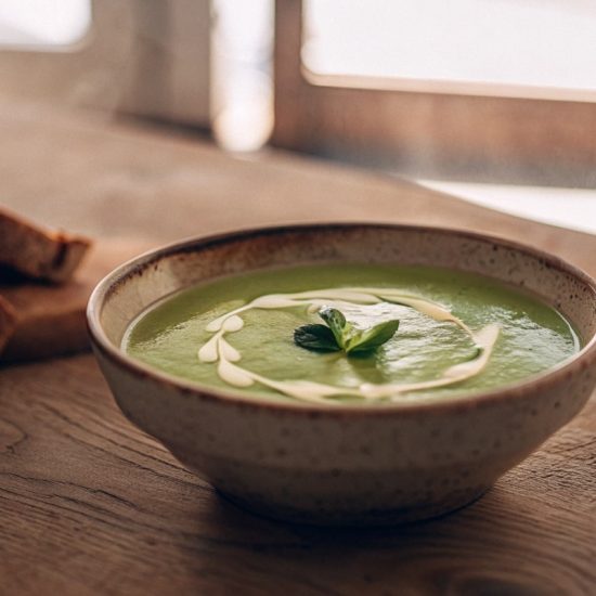 Creamy pea and mint soup served with crusty bread