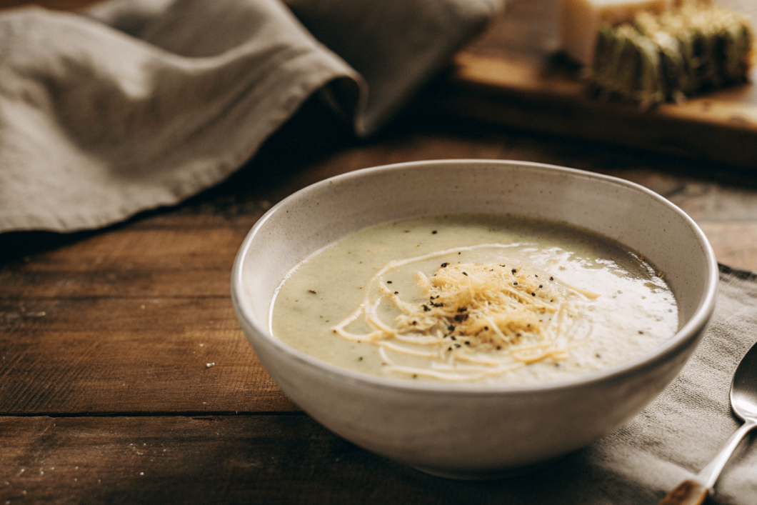 Bowl of creamy courgette (zucchini), potato and cheddar soup topped with grated cheese and black pepper on a rustic wooden table.