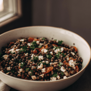 Puy lentil salad with sun-dried tomatoes and goat’s cheese in a bowl